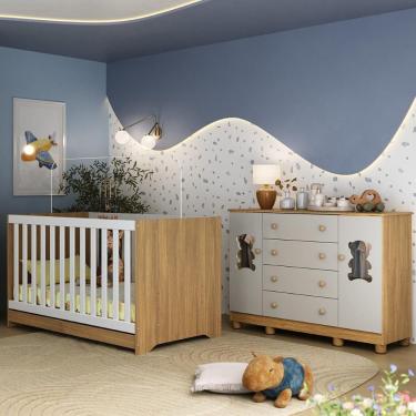 Imagem de Berço Americano 3 Em 1 Com Cômoda 2 Portas 4 Gavetas Fofura Multimóveis MP4728 Madeirado-off White