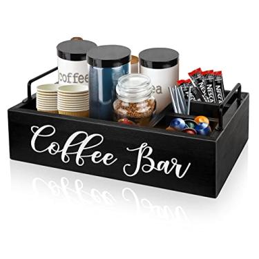 Imagem de MINCORD Organizador de mesa de café de madeira para bancada, acessórios de cafeteria, casa de fazenda, suporte para cápsulas de café, cesta de armazenamento com alça - preto