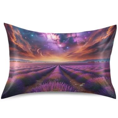 Imagem de Capa de almofada de cetim Lavender Fields Under Cosmic Sky Padrão Queen King Size Capas de almofadas refrescantes para cama, tamanho Queen, 76 cm x 50 cm