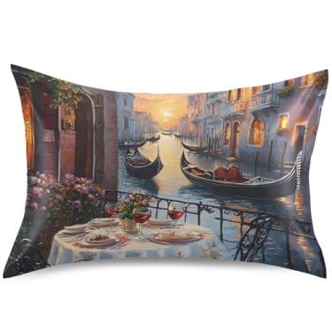 Imagem de Ltaly Capa de almofada romântica de cetim com pintura de Veneza para resfriamento de cabelo, travesseiros padrão Queen King, decoração de casa, cama king, 101,6 cm x 50,8 cm