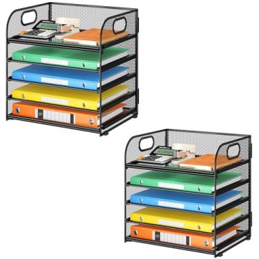 Imagem de Lavatino Pacote com 2 bandejas organizadoras de papel de 5 camadas com alça – organizador de arquivos de mesa de malha preta para escritório, casa ou escola