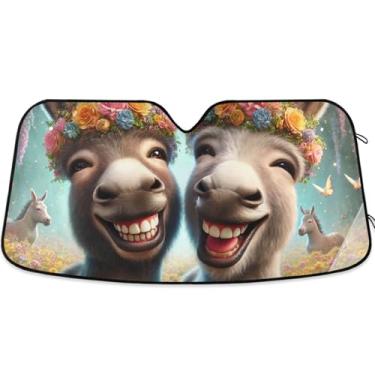Imagem de Persiana de sol personalizada de burro fofo para para-brisa de carro Engraçado Retrátil Dobrável Carros Persianas para Janelas Frontais Floral Automotivo M, 139.7 cm x 70.1 cm