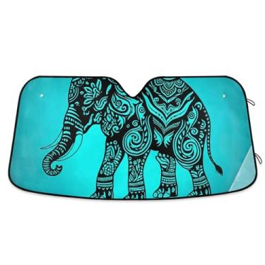 Imagem de Sombra de sol azul oriental de elefante tatuado para para-brisa de carro bonito personalizado retrátil sombra de carro para-brisa frontal impressão animal automotivo P, 134,6 cm x 59,7 cm