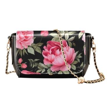 Imagem de Bolsa tiracolo feminina de couro floral vintage com flores amarelas e laranjas, bolsas transversais de couro para mulheres modernas, Pintura em aquarela com flores de peônia em preto-1, One Size