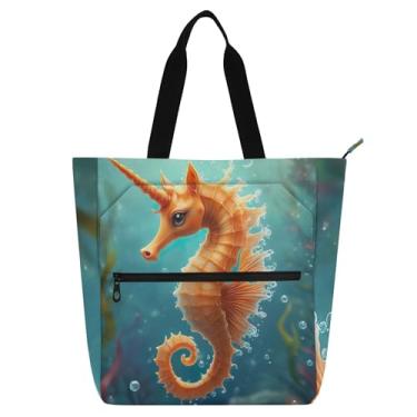 Imagem de GAIGEO Linda bolsa de trabalho de unicórnio com cavalo marinho para mulheres, bolsas de lona para faculdade, escola, carteiro, carteiro, amantes de livros