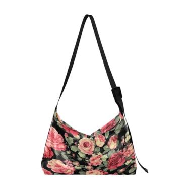 Imagem de Bolsa de ombro feminina Hobo floral amarela com papoulas brancas, bolsa transversal de couro, bolsa transversal de couro, Rosas com preto-4, One Size