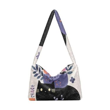 Imagem de GAIGEO Bolsa de ombro feminina com desenho de gato em azul e preta, bolsa de ombro com zíper, bolsa feminina para uso ao ar livre, Vaso em forma roxa decoração gato preto, One Size