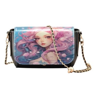 Imagem de Bolsa transversal ajustável com alça de elefante em branco, bolsa tiracolo feminina de couro, bolsa de ombro média para mulheres, Desenho de sereia-1, One Size