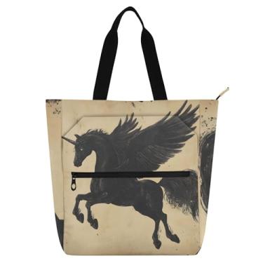Imagem de GAIGEO Bolsa feminina Unicorn Pegasus Horse Wings para trabalho de lona com zíper bolsa de praia para professores amantes de livros