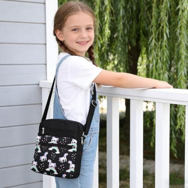 Imagem de Bolsa mensageiro pequena para mulheres, bolsa tiracolo portátil, de lona, bolsas de ombro de grande capacidade, capa de celular preta unicórnio