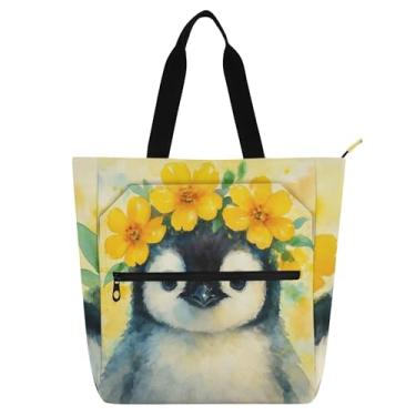 Imagem de GAIGEO Linda sacola de trabalho com flores amarelas pinguim para mulheres, bolsa de lona, praia, livros, zíper, professores, amantes de livros