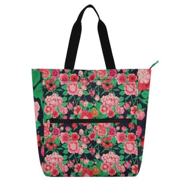 Imagem de GAIGEO Sacola feminina floral rosa para trabalho, lona, praia, livro, bolsa com zíper, bolsa carteiro com compartimentos