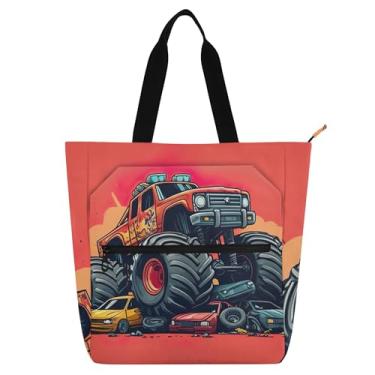 Imagem de GAIGEO Sacola de trabalho colorida vermelha Monster Truck para mulheres, bolsa escolar de lona com zíper, bolsas de professores, amantes de livros