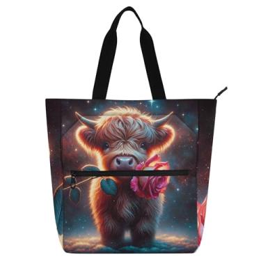 Imagem de Lindas bolsas de trabalho Highland Cow Rose para mulheres, bolsas de lona, bolsas de pano para faculdade, escola, utilitário, escritório, livros, presentes para amantes de livros