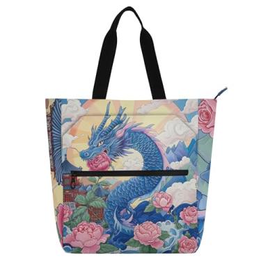 Imagem de GAIGEO Sacola floral asiática dragão azul para mulheres, crianças, trabalho, escola, reutilizável, para amantes de livros, bolsa com zíper
