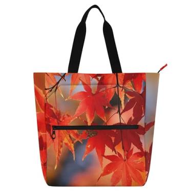 Imagem de GAIGEO Bolsas de trabalho femininas com folhas de bordo vermelho outono outono bolsa de lona para livro de praia com zíper para professores presente para amantes de livros bolsas