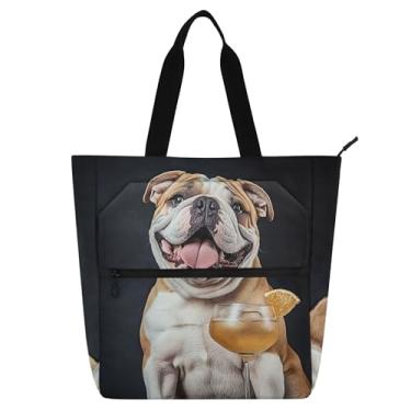 Imagem de GAIGEO Bolsa de lona Happy Bulldog Martini para crianças, meninas, mulheres, escola, trabalho, lona, com zíper, linda estampa de animal, bolsa reutilizável