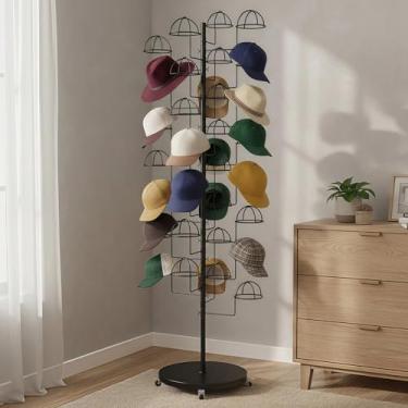 Imagem de HEOTJUUQ Suporte para exibição de chapéus de metal com 30 ganchos ajustáveis, suporte para chapéus, expositor para loja de varejo em casa, organizador de chapéus, para touca de peruca (preto)