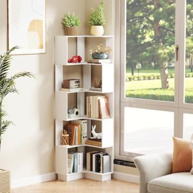 Imagem de Nisorpa Estante de canto com 5 camadas, estante de canto de madeira de 175 cm de altura em forma de L, grande prateleira de exibição aberta com luminária para sala de estar, quarto, estudo, escritório