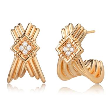 Imagem de Brincos femininos de ouro - Brincos delicados de zircônia cúbica banhados a ouro 14K hipoalergênicos, presente moderno para uso diário, festas, encontros, Prata esterlina, Sem pedra preciosa