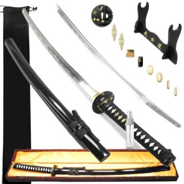 Imagem de Espada Katana Iaito Kasen Saikoukyuu Funcional Aço Carbono 1045 Temperado com Hamon estético, Sem fio de corte + Capa + Suporte Bushido + Lubrificante + Caixa (93637)
