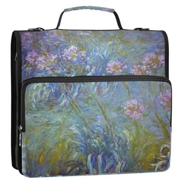 Imagem de Fichários básicos de 3,8 cm, 3 anéis, pintura de agapanto de Claude Monet, fichário de agapanto com zíper, organizador para 500 folhas com alça de ombro para escola