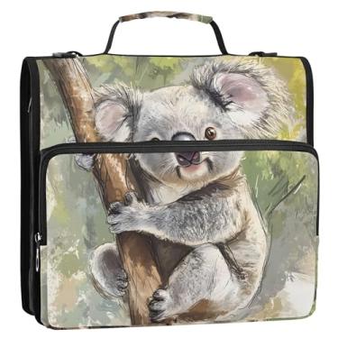 Imagem de Fichário Koala Tree Green Leaves 3 anéis, anel D de 3,8 cm com zíper e alça de ombro para portfólio de documentos escolares, suporte de 500 folhas