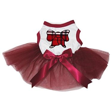 Imagem de Petitebella Vestido de cachorro tutu vermelho vinho com laço xadrez (grande, branco)