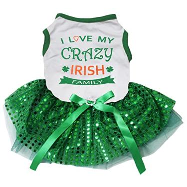 Imagem de Petitebella Vestido para cachorro I Love My Crazy Irish Family (branco/verde lantejoulas, GG)