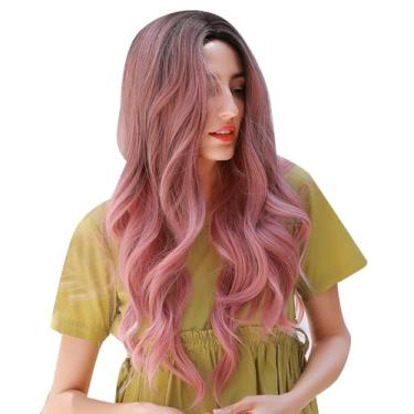 Imagem de Cryfokt Peruca Longa Ondulada Rosa Cacheada, Cabelo de Fibra de Alta Temperatura, Tamanho Ajustável para Cosplay, Carnaval-27,5 pol.