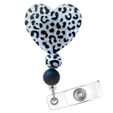 Imagem de Carretel de crachá de coração de leopardo e guepardo, cordão retrátil com clipe retrátil com estampa fofa de zebra zoológico com glitter para enfermeiras e enfermeiras CNA CMA enfermagem suprimentos