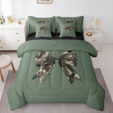 Imagem de Erosebridal Jogo de cama solteiro com laço, 7 peças, camuflagem, 3D, estilo camuflado, rústico, retrô, princesa em uma bolsa, verde, estampa de gravata borboleta, coquete para crianças, meninas e