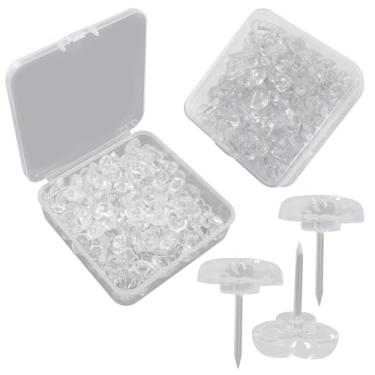 Imagem de Kemcatui 150 pinos de pressão, pinos decorativos de plástico para quadros de avisos, pôsteres e escritório em casa, caixa reutilizável incluída (coração transparente)