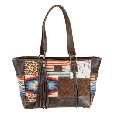 Imagem de STS Ranchwear Bolsa feminina de couro legítimo/couro bovino/mistura de algodão Chaynee Mountain com duas alças de transporte de couro com detalhes e franjas, Marrom, One Size