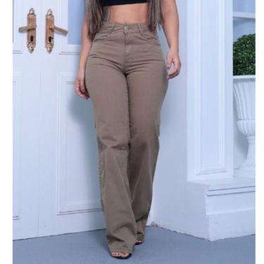 Imagem de Calça Wide Leg verde Feminina Jeans Premium cintura alta Pantalona fol