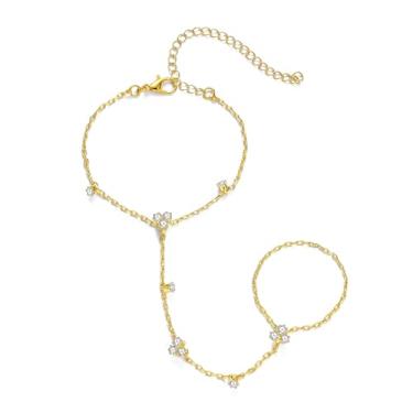 Imagem de Pulseira de corrente de mão banhada a ouro 14 k delicada para mulheres, pulseira de contas de zircônia cúbica e anel de joia corporal, Adjustable, Latão, Sem Pedra Preciosa