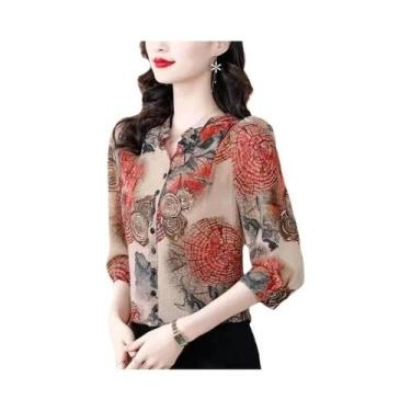 Imagem de Blusa Feminina De Verão Em Chiffon Tamanho Grande Com Estampa, Manga C