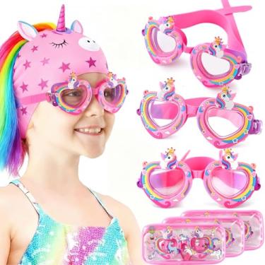 Imagem de Kingdder Conjunto de 3 óculos de natação de unicórnio para meninas de 4 a 12 anos com adesivos e capas rosa, anti-embaciamento, proteção UV, fácil de ajustar, antiderrapante para homens, mulheres