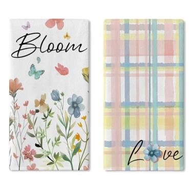 Imagem de Croar Conjunto de 2 panos de prato de cozinha florais primavera verão, toalha de mão de secagem de borboleta xadrez aquarela pano de cozimento, flores silvestres amor flores silvestres casa de banho