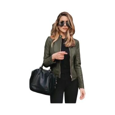 Imagem de Jaqueta Curta Feminina De Couro PU Com Zíper Para Outono/Inverno  Moda