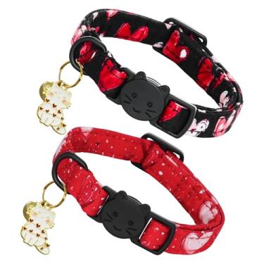 Imagem de Bobo Rainbow Colar de gato dos namorados - Pacote com 2 coleiras com estampa de coração vermelho e preto, com pingente de gatinho e sino, fivela de segurança ajustável, coleira para animais de