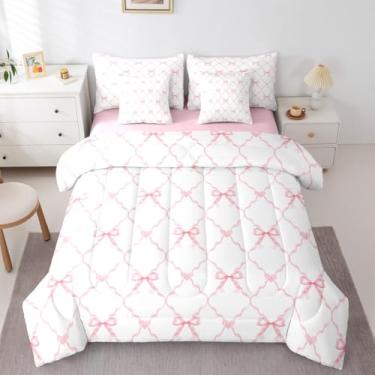 Imagem de Conjunto de cama solteiro com laço de fita rosa, tamanho solteiro, kawaii, com laço, coração, aquarela inclui edredom, conjunto de lençol, fronhas e fronhas, decoração de quarto estilo princesa