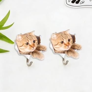 Imagem de 2 peças de ganchos de acrílico fofos de gato gengibre espiando, ganchos de parede adesivos decorativos para porta de banheiro, cozinha, quarto, cabides para chaves, toalhas, bolsas, presente ideal