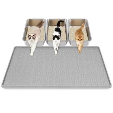 Imagem de Tapete de areia para gatos de 106,66 x 73,7 cm, tapete para gatos Lanstics para caixa de areia grande de silicone para gatinhos, controle de dispersão, proteção de chão (cinza claro)