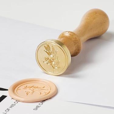 Imagem de Pilloze Carimbo de lacre de cera de oliveira, cabeça de latão esculpida em relevo 3D e cabo de madeira para kit de selos de cera, decoração para cartão de Ação de Graças, envelope, embrulho de