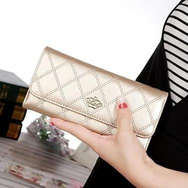 Imagem de Carteira feminina de três dobras de grande capacidade com fecho de zíper - Mini bolsa de couro de couro, casual/carteira profissional para dinheiro, cartões, Dourado, Minimalista