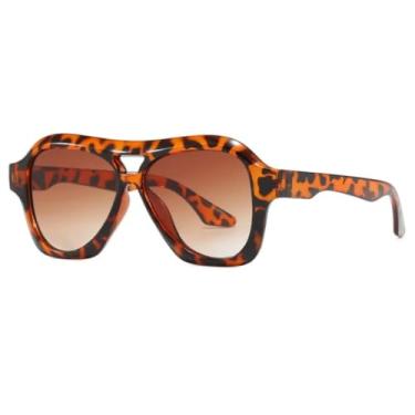 Imagem de VFDHN Óculos de Sol Retro Double Beam Feminino Fashion Gradiente Masculino UV400 (Estampa de Leopardo Degradê Chá)