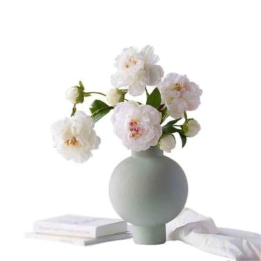 Imagem de KEG801302 Flores falsas brancas simulação peônia sala de estar decoração simulação arranjo de flores vaso de cerâmica decoração verde