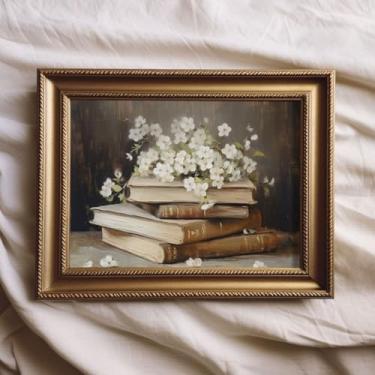 Imagem de Livros e flores vintage arte de parede arte em tela decoração de parede impressões de pintura impressões de arte imagem casa fazenda decoração de casa de campo sem moldura