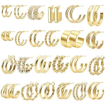Imagem de Conjunto de 24 pares de brincos de argola de ouro para mulheres, pacote com vários brincos, hipoalergênicos, pérolas, grossos, torcidos, pequenos brincos, joias para presentes, Small, Latão, Sem pedra